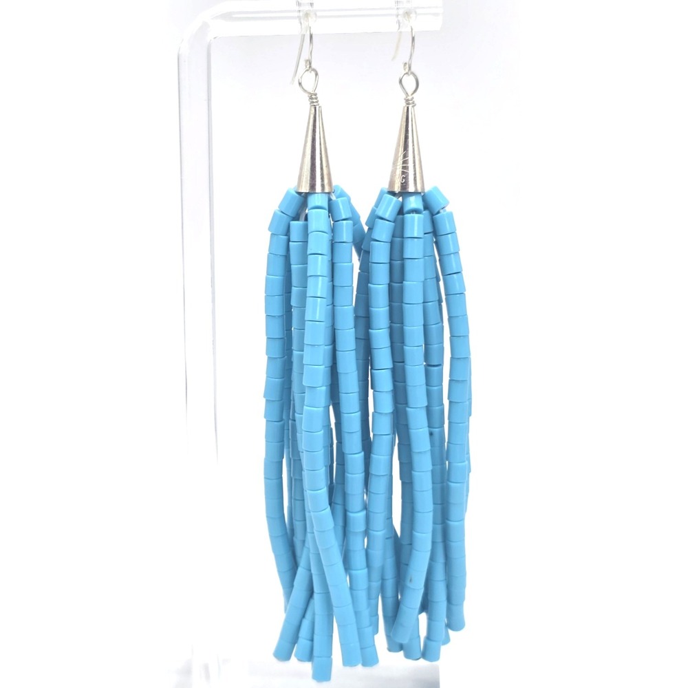 Sleeping Beauty Heishi Bead Earrings Multi-Strand Dangles Sterling Silver‎ 4"